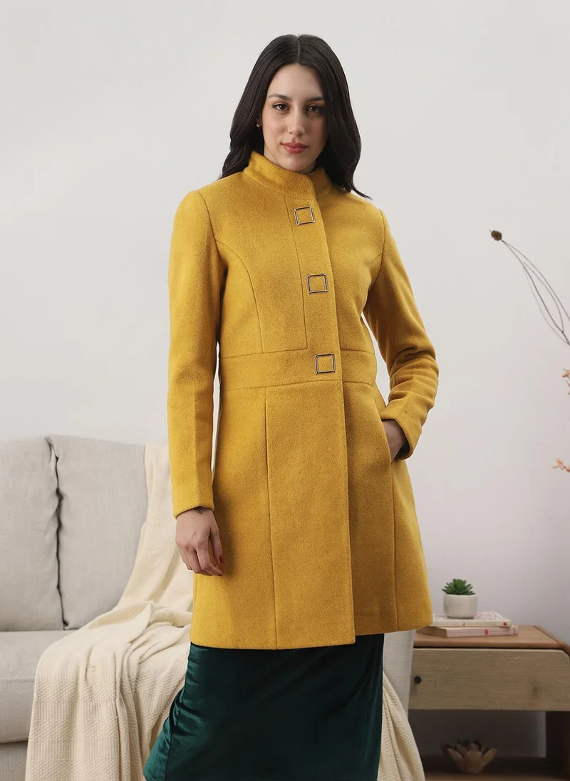 globus Globus Women Gold Self Design Mock Collar Long Sleeve Knee Length Tailored Fit Winterwear Overcoat